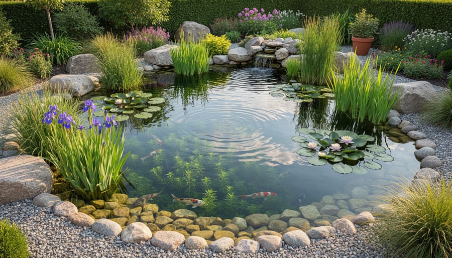 Overhead view of backyard water garden showing depth zones with water lilies and marginal plants