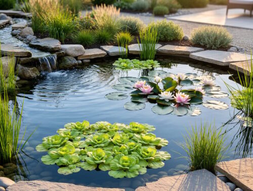 Layered backyard water garden with water lilies in the center, marginal sedges and rushes along stone-edged shallows, and floating plants shading the surface, plus a gentle recirculating stream, photographed in warm golden hour light with drought-tolerant landscaping softly blurred in the background.