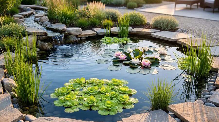 Layered backyard water garden with water lilies in the center, marginal sedges and rushes along stone-edged shallows, and floating plants shading the surface, plus a gentle recirculating stream, photographed in warm golden hour light with drought-tolerant landscaping softly blurred in the background.