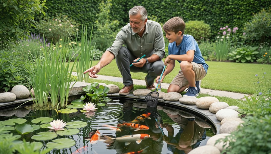Experienced gardener and beginner examining water plants together beside a koi pond