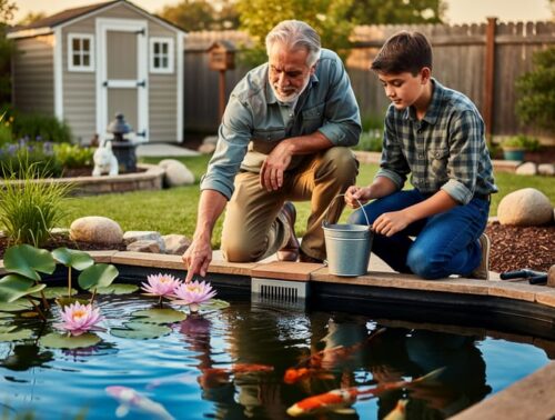 Seasoned water gardener showing a younger beginner how to care for water lilies and pond filtration at a backyard koi pond during golden hour, both kneeling beside the water with plants, rocks, and gentle ripples visible.