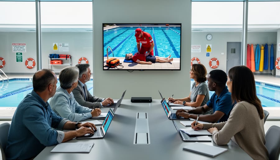 Person viewing water safety training video on tablet near a pond