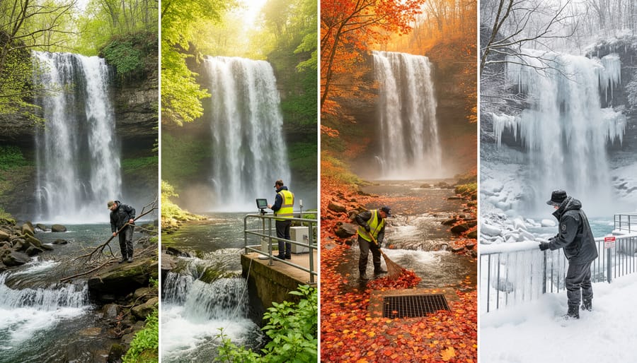 DIY backyard waterfall feature with ice and flowing water in winter conditions
