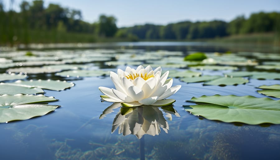 Close-up of blooming white water lily flower with yellow center floating on pond water