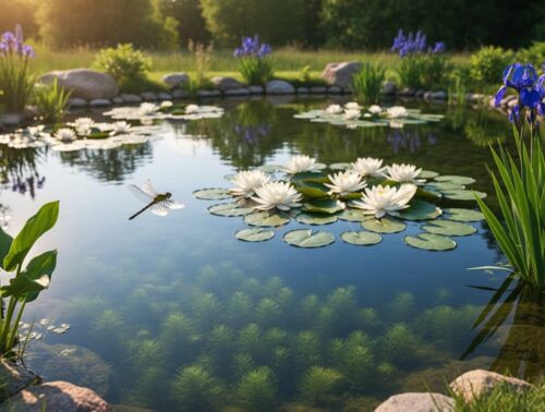 Eye-level photo of a Wisconsin backyard pond at golden hour with native water lilies, blue flag iris, arrowhead, and visible submerged coontail, plus a hovering dragonfly; treeline and glacial stones softly blurred in the background
