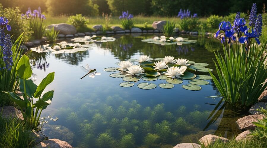 Eye-level photo of a Wisconsin backyard pond at golden hour with native water lilies, blue flag iris, arrowhead, and visible submerged coontail, plus a hovering dragonfly; treeline and glacial stones softly blurred in the background
