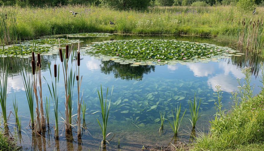 Diverse native pond plants growing in clear water with floating lily pads and emergent vegetation
