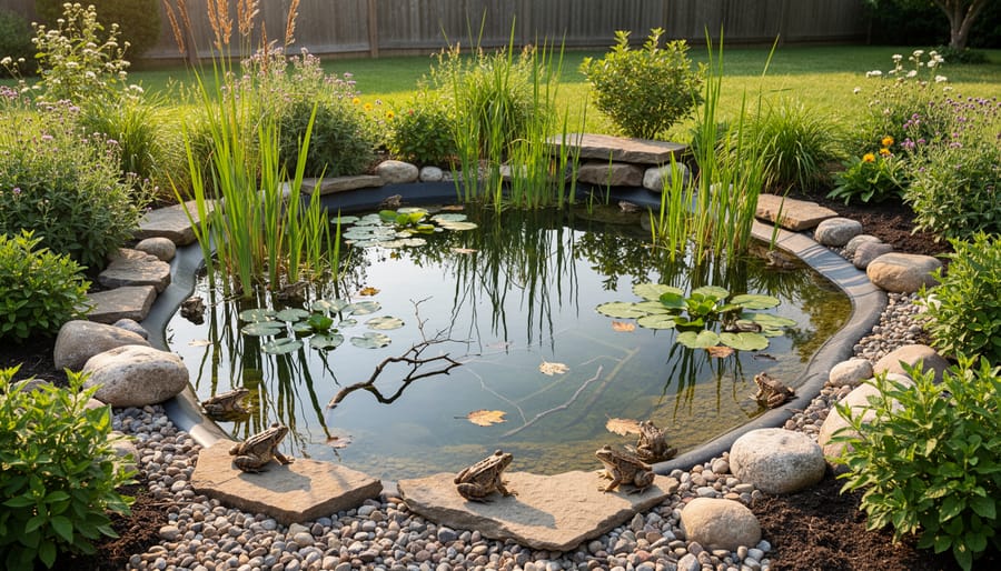 Backyard pond with shallow sloping edges and native plants around the margins
