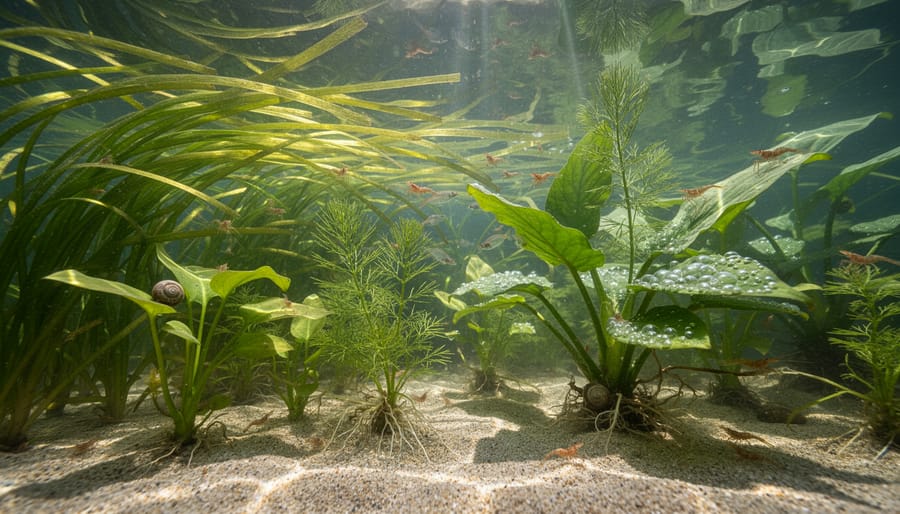 Variety of healthy aquatic plants including water lilies and iris growing at pond edge