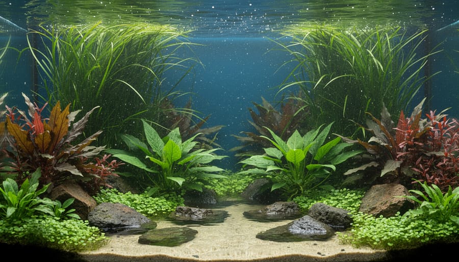 Pond with water lilies, marginal plants, and clear water showing healthy aquatic plant ecosystem