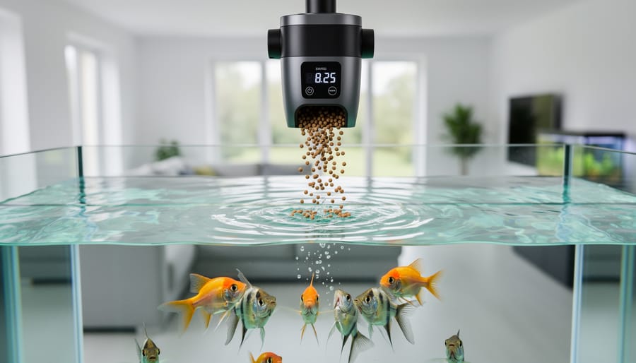 Koi fish feeding from automated feeder system in pond