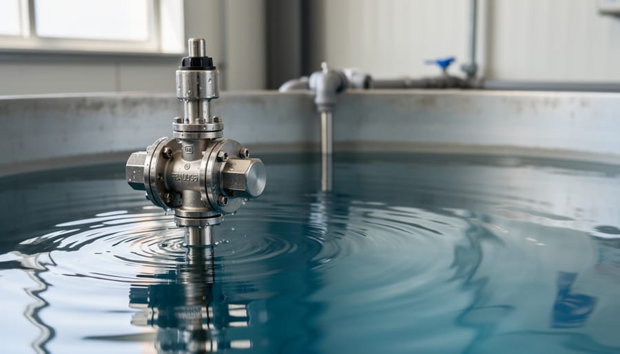 Close-up of brass float valve automatic water fill system on pond edge