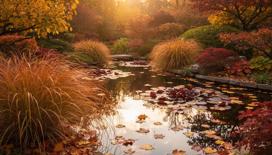 Autumn water garden featuring ornamental grasses and fall foliage around pond