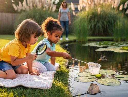 Two preschool children on a blanket a safe distance from a backyard pond, using a magnifying glass and child-sized net to observe lily pads and a dragonfly, with warm golden-hour light and a blurred garden and supervising adult in the background.