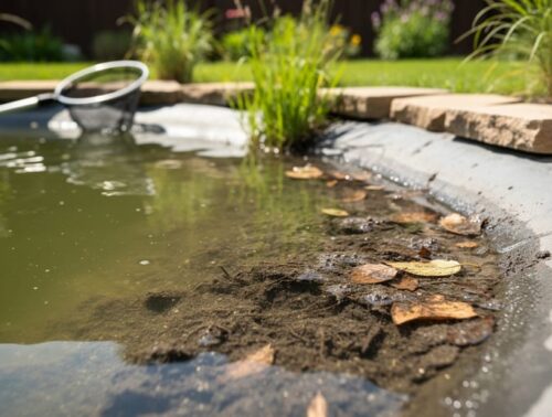 Overhead angled view of a shallow backyard pond with murky greenish-brown water and visible dark muck and decaying leaves near the shoreline, bordered by stone edging and native grasses.