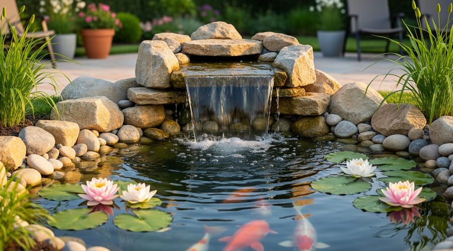 Rock-edged waterfall filter cascading into a crystal-clear backyard pond with water lilies and fine aerated bubbles at golden hour, landscaped garden softly blurred in the background.