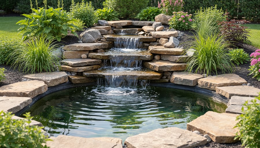 Natural stone waterfall cascading into backyard pond with surrounding aquatic plants