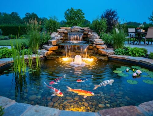 Eye-level view of a backyard pond at blue hour with a small cascading waterfall lit by underwater LEDs, a gentle bubbler, clear water revealing pebbles and koi, natural stone edges and aquatic plants, and a softly blurred patio in the background.