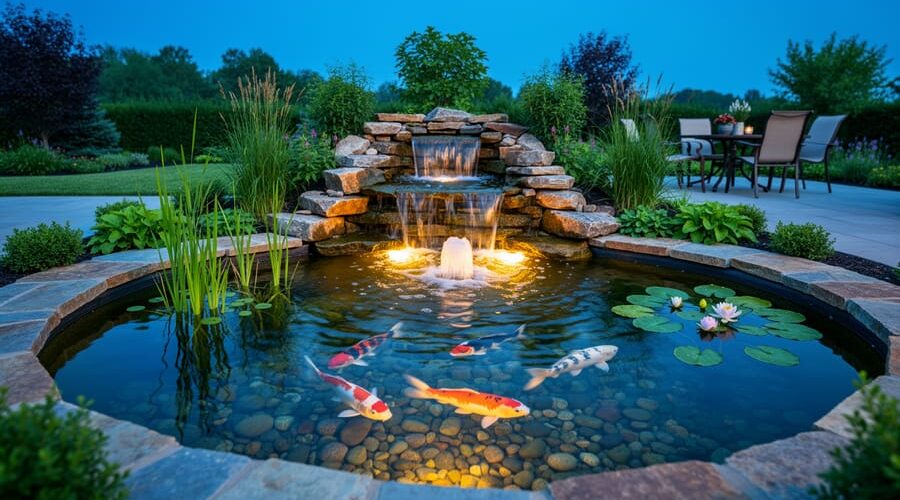 Eye-level view of a backyard pond at blue hour with a small cascading waterfall lit by underwater LEDs, a gentle bubbler, clear water revealing pebbles and koi, natural stone edges and aquatic plants, and a softly blurred patio in the background.