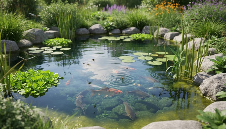 Overhead view of healthy pond showing lily pads, submerged plants, koi fish, and dragonfly