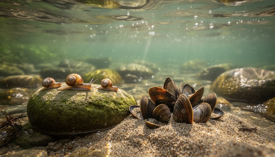 Close-up of water snails and freshwater mussels on rocks in pond