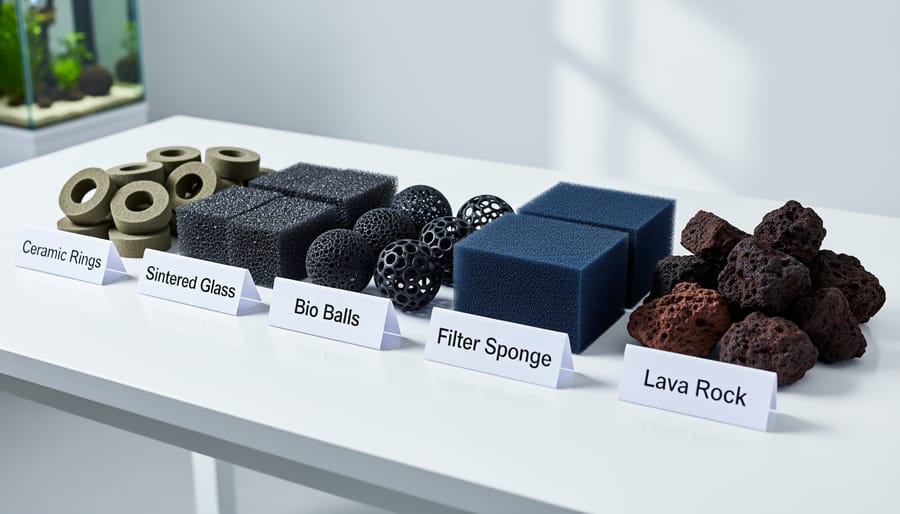Assortment of biological filter media including bio-balls, lava rock, and filter sponges