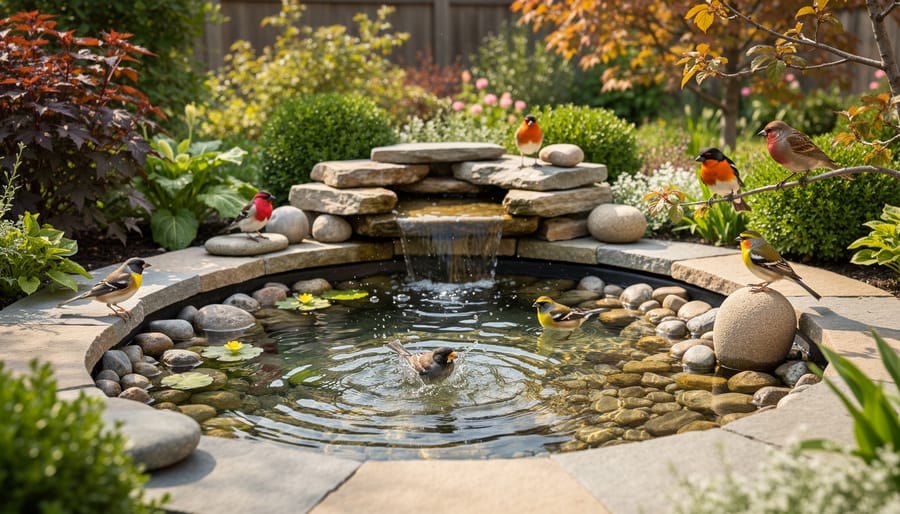 Flowering marginal pond plants including purple iris and yellow marsh marigolds