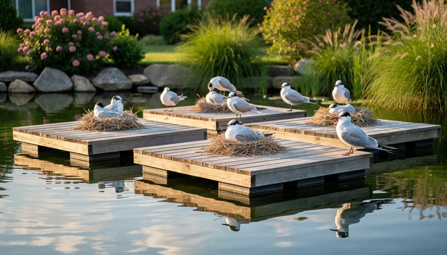 Small coastal bird nesting on floating platform in backyard pond