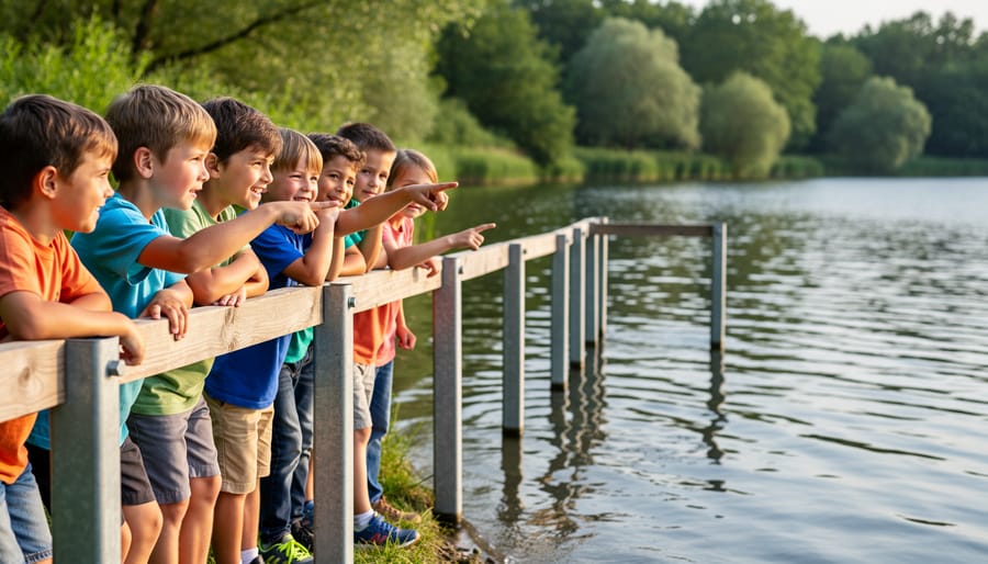 Kindergarten child safely observing water garden from behind protective barrier