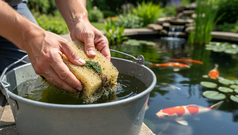 Hands cleaning biological filter sponge in bucket of pond water for proper maintenance