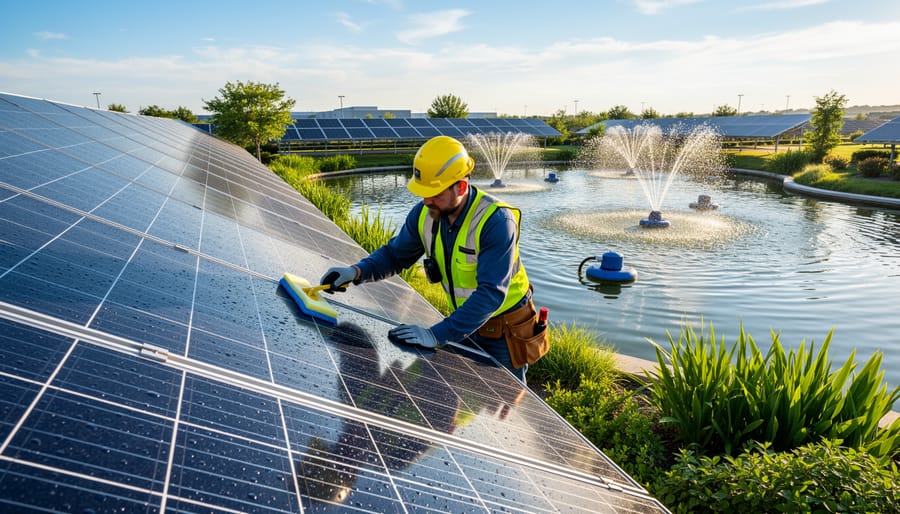 Hands cleaning solar panel surface of pond aerator system