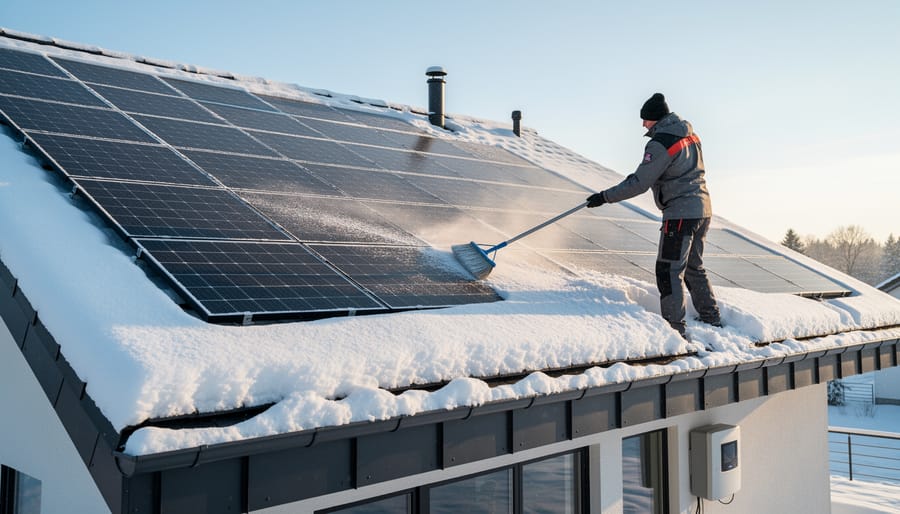 Gloved hand brushing snow off solar panel with soft brush during winter maintenance