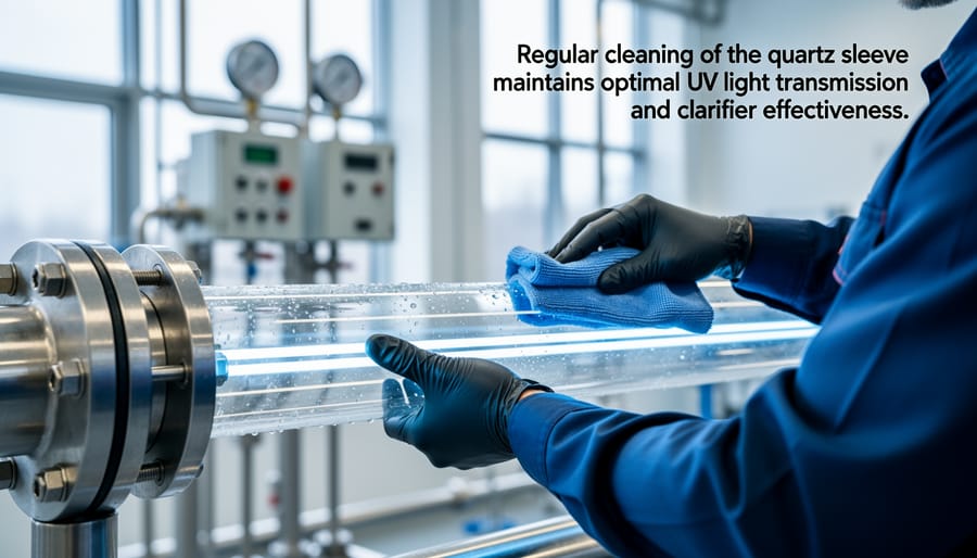 Hands cleaning mineral deposits from UV clarifier quartz sleeve with cloth