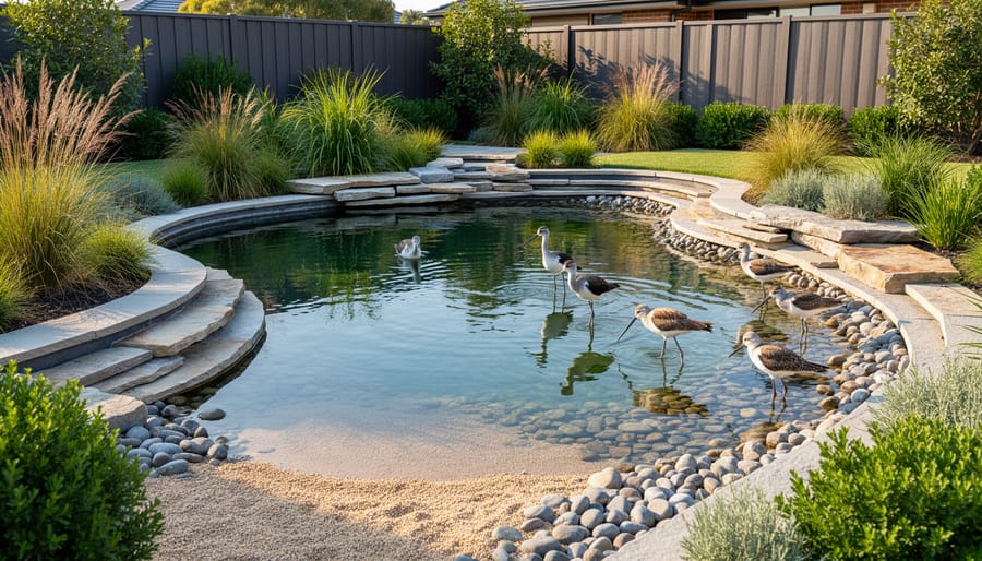 Coastal bird wading in shallow area of backyard pond with natural stone edges