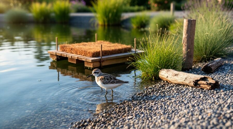 Coastal sandpiper wading in a shallow pea-gravel edge of a backyard pond, with native grasses and a small wooden floating nesting raft in the background under warm evening light.