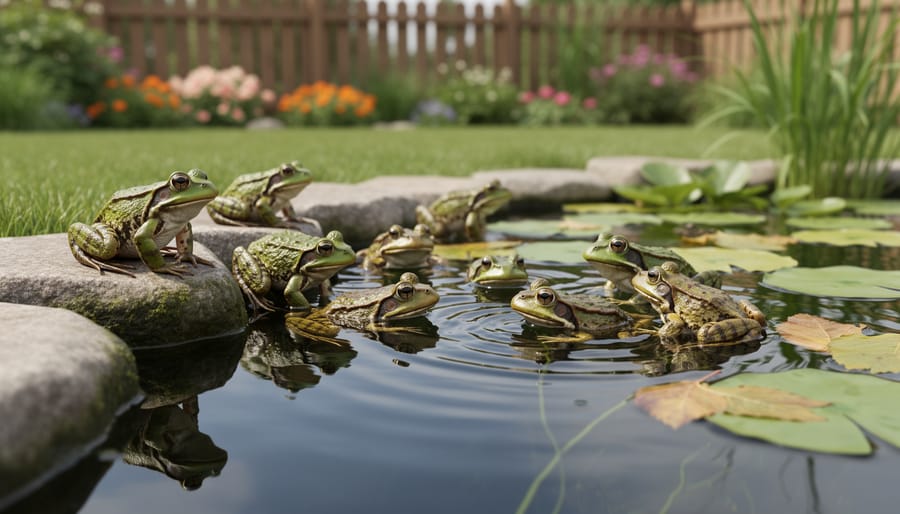 Green frog sitting on lily pad at edge of backyard pond with water reflection