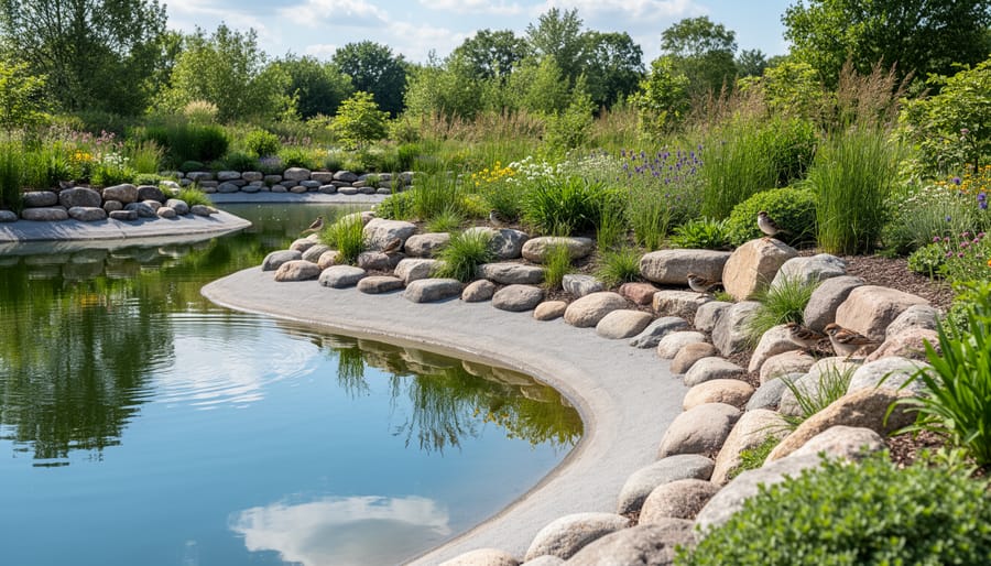 Gardener's hands arranging rocks and native plants along pond edge