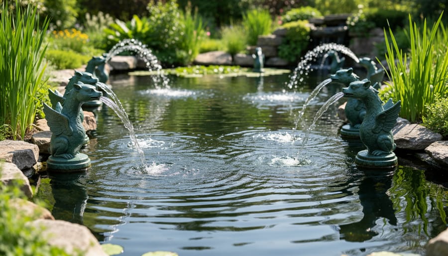 Copper frog fountain spitter with water flowing into garden pond