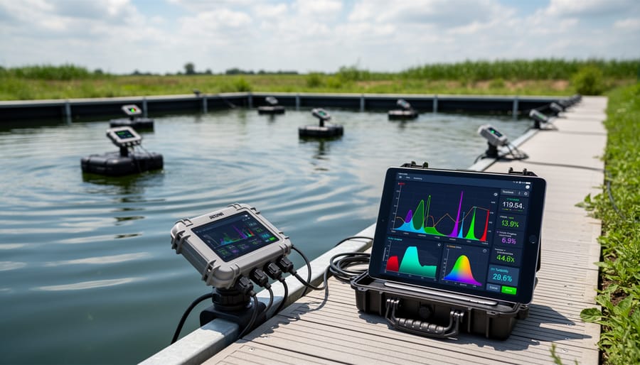 Water quality sensor probe monitoring pond conditions underwater with koi fish