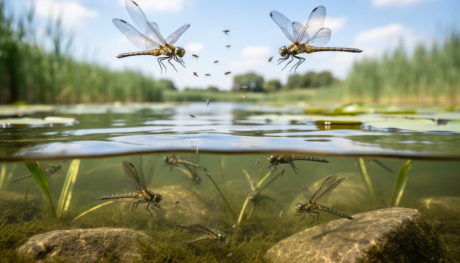 Blue dragonfly perched on cattail reed near pond with wings spread