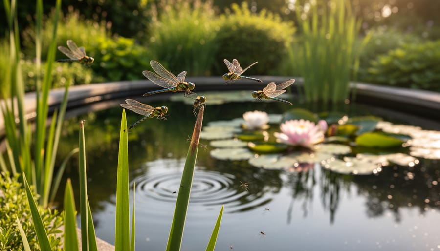 Blue dragonfly resting on lily pad in backyard water garden