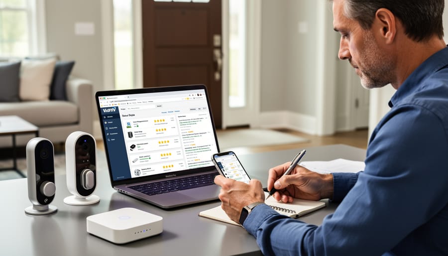 Pond owner reviewing smart equipment packaging for security certifications and manufacturer information