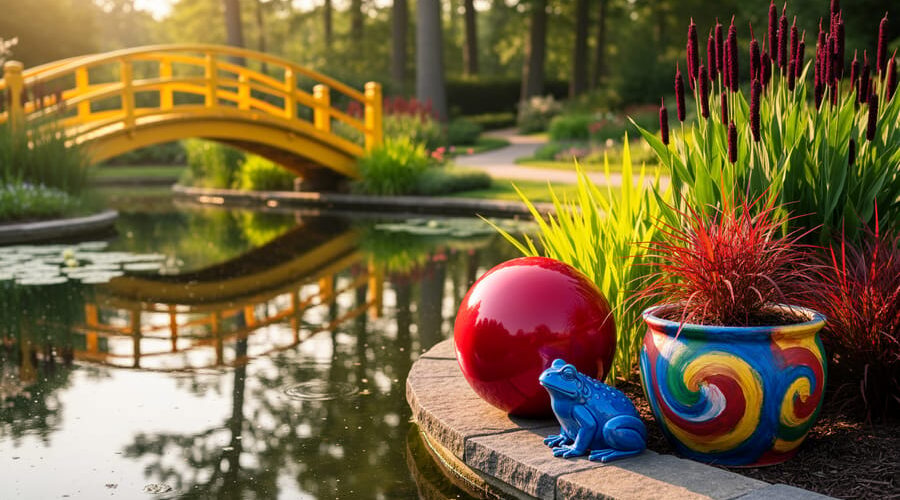 Crimson gazing ball and cobalt ceramic frog by a pond with scarlet Japanese blood grass, chartreuse sweet flag, deep purple pickerelweed, and a sunshine-yellow arched footbridge reflected in golden-hour light.