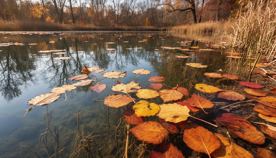 Autumn pond with brown cattails and fallen leaves on water surface