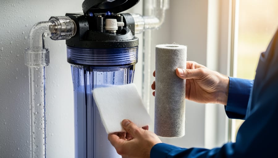 Hands cleaning foam filter pad under running water with debris washing out