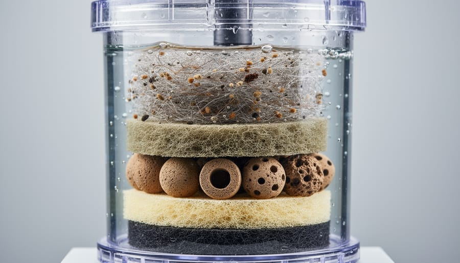 Close-up view of filter media layers including foam pads and bio-balls with water flowing through