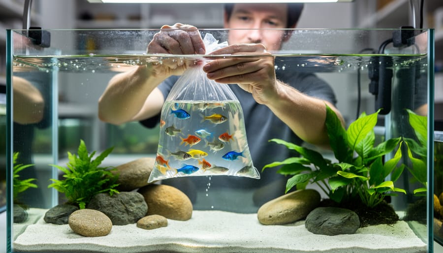 Gloved hands gently holding goldfish over water during quarantine acclimation process