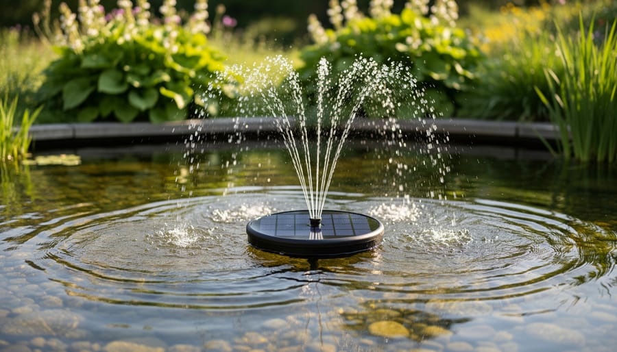 Solar-powered floating fountain aerator operating in backyard pond