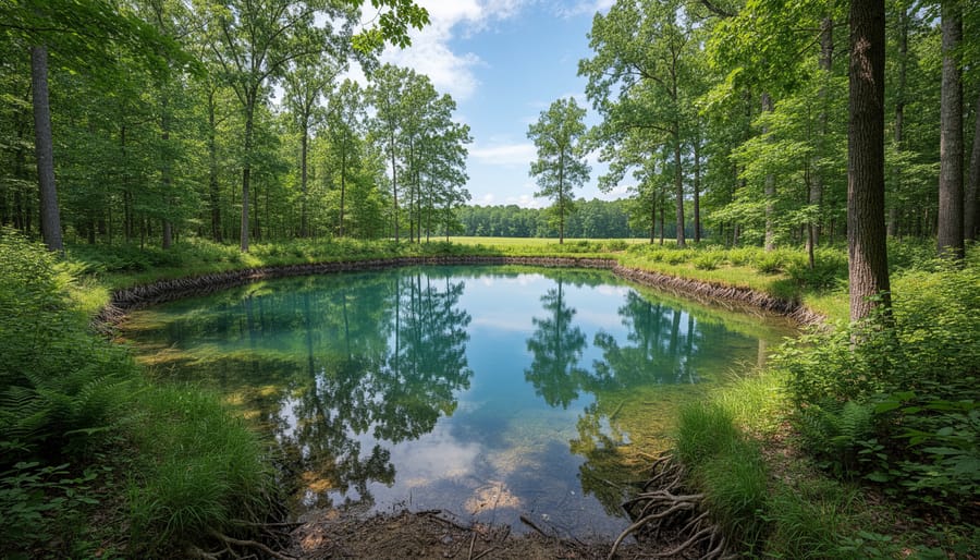 Healthy pond surrounded by mature trees and native vegetation forming natural buffer zone