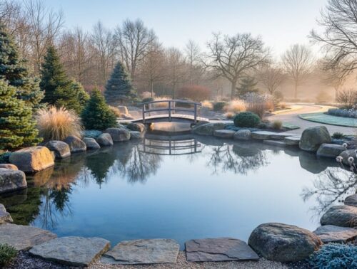Reflective pond bordered by natural stone and boulders, with dwarf conifers, ornamental grasses, and frost-dusted seed heads, plus a small footbridge under golden-hour light in a late-autumn garden.